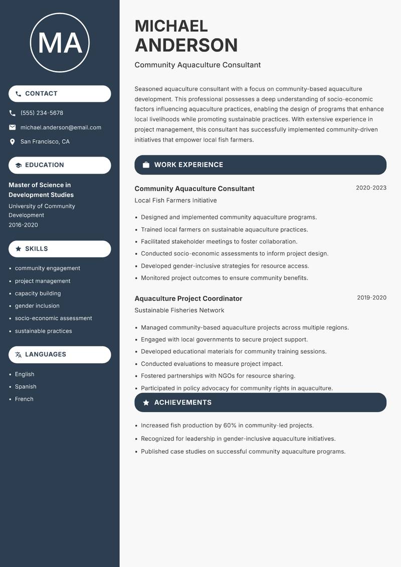 Aquaculture Consultant resume sample — Community Aquaculture Consultant focus