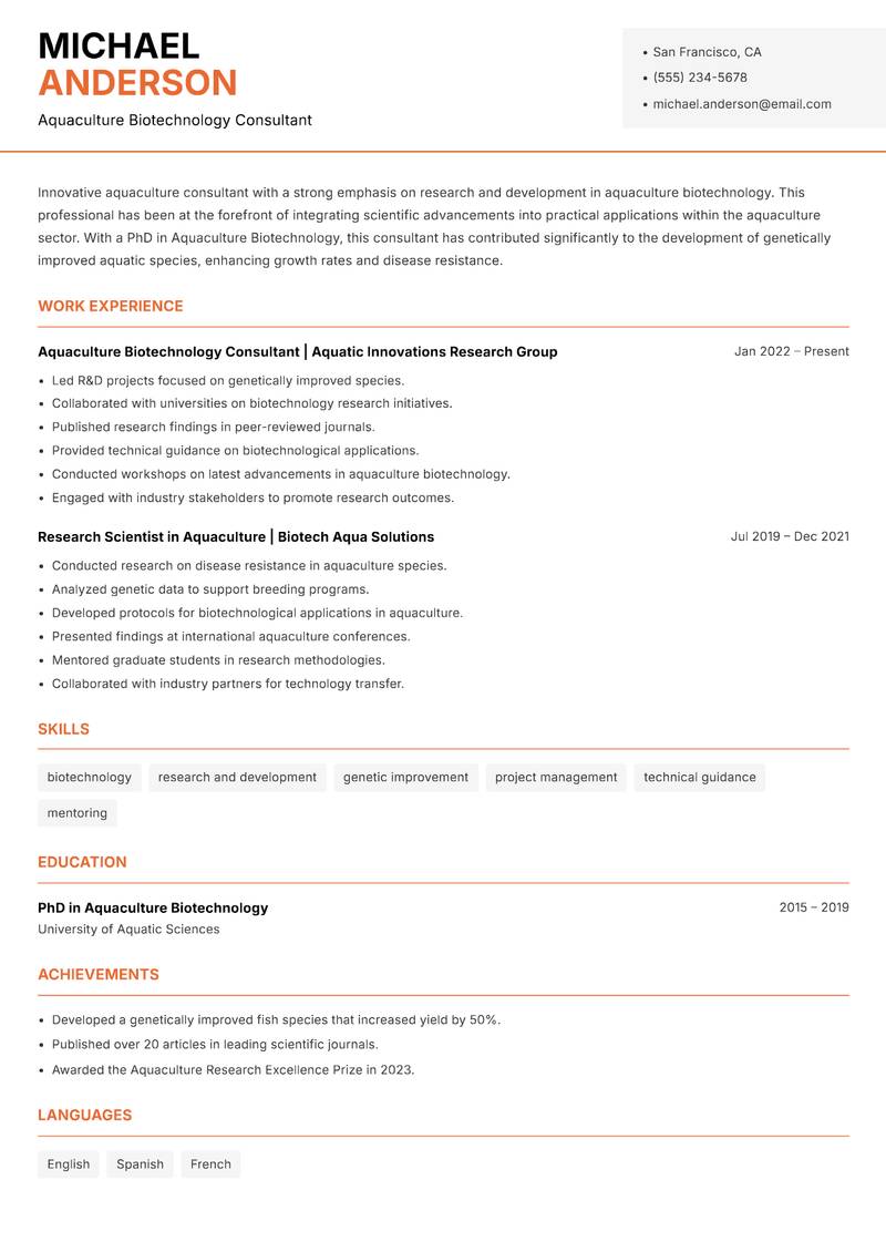Aquaculture Consultant resume sample — Aquaculture Biotechnology Consultant focus