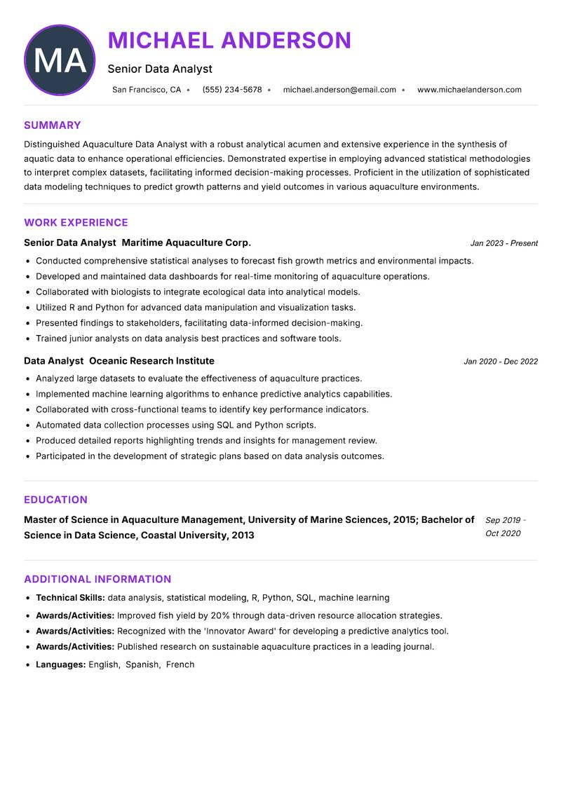 Aquaculture Data Analyst resume example