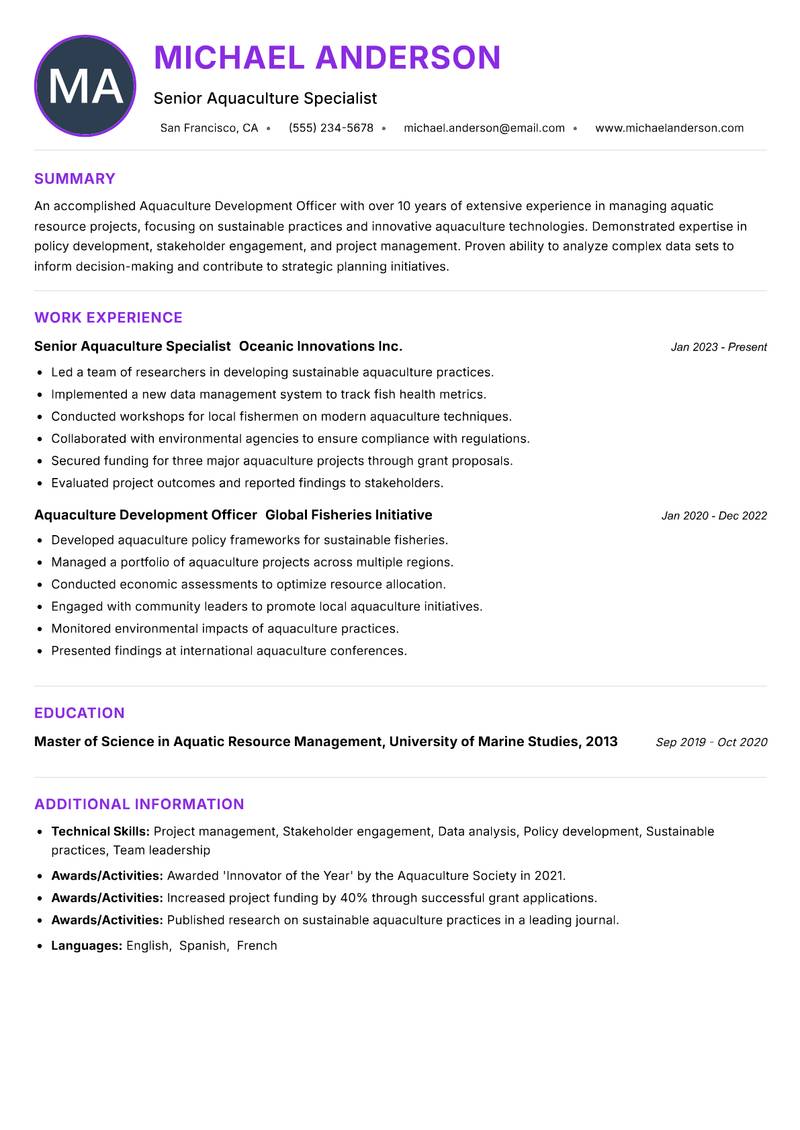 Aquaculture Development Officer resume example