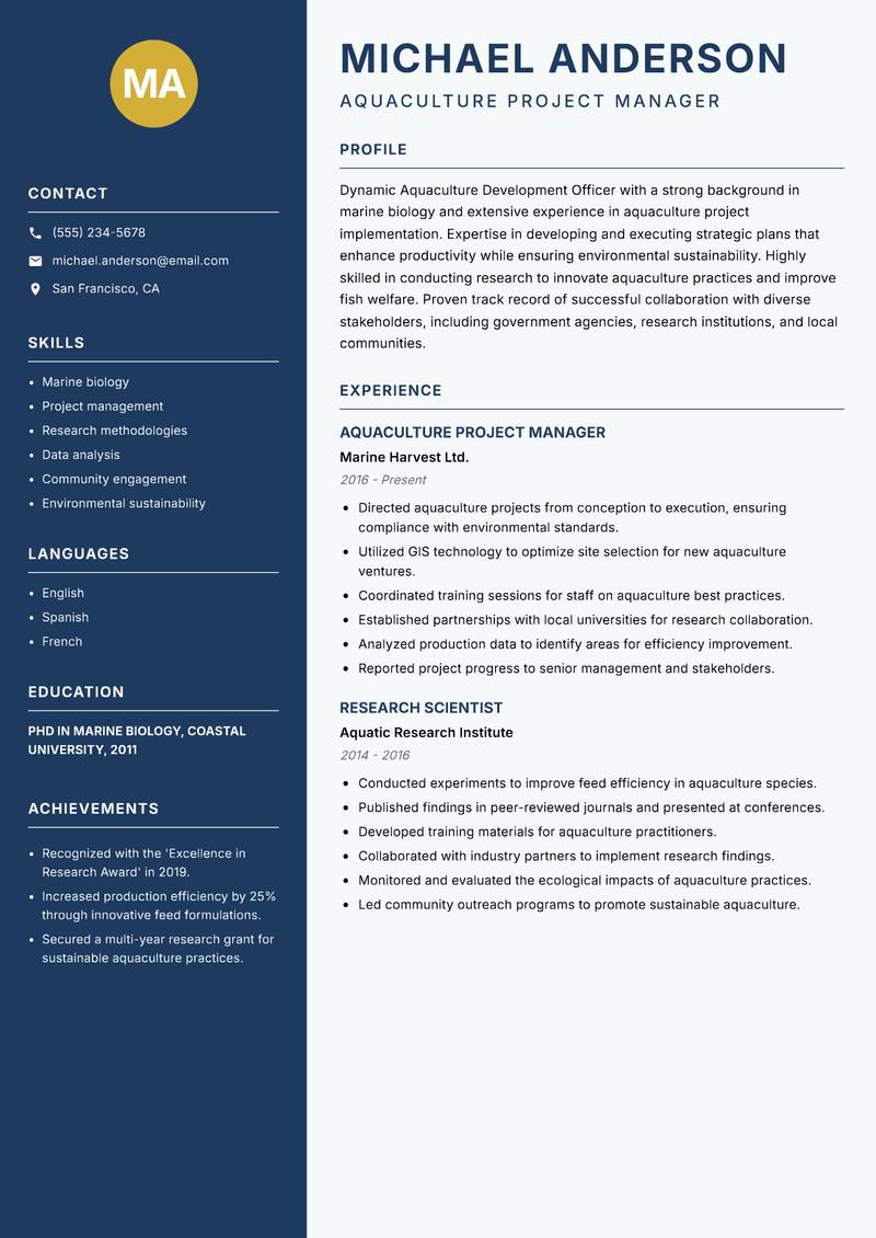 Aquaculture Development Officer resume sample — Aquaculture Project Manager focus