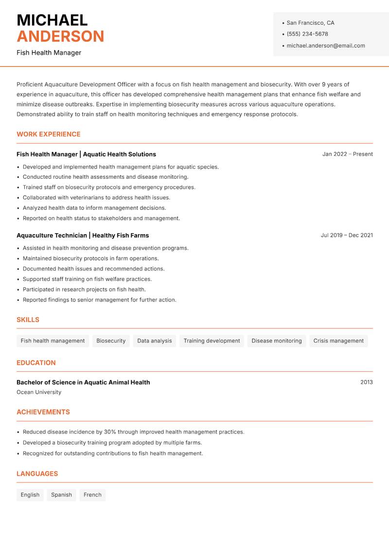 Aquaculture Development Officer resume sample — Fish Health Manager focus