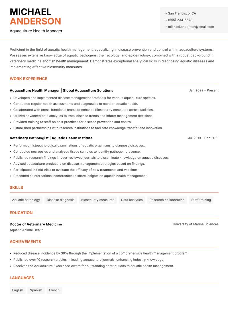 Aquaculture Disease Control Specialist resume sample — Aquaculture Health Manager focus