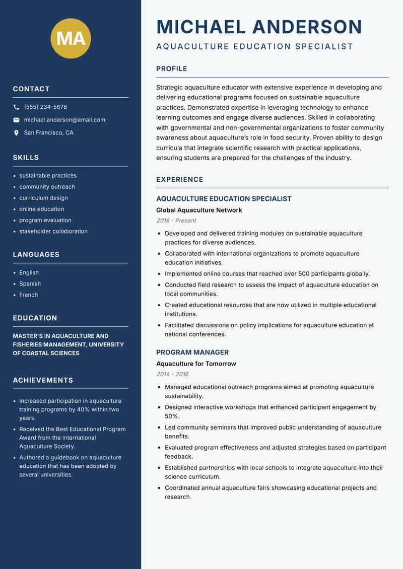 Aquaculture Educator resume sample — Aquaculture Education Specialist focus