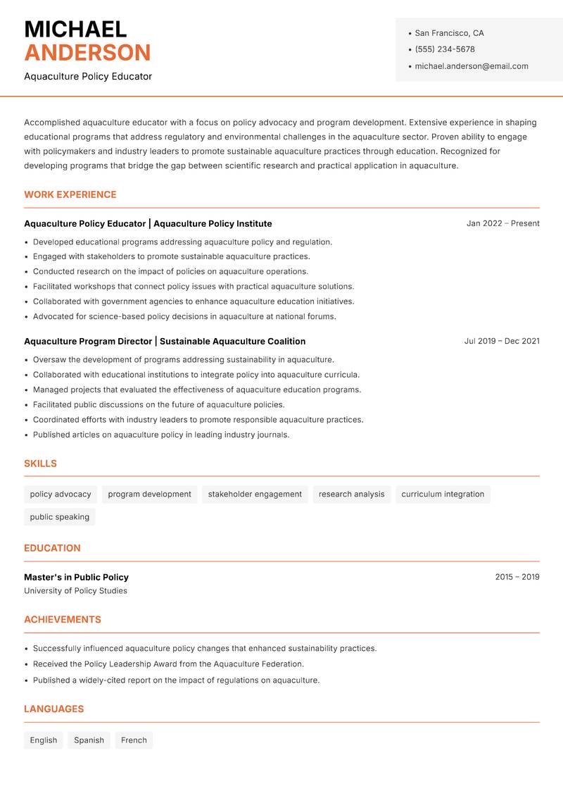 Aquaculture Educator resume sample — Aquaculture Policy Educator focus