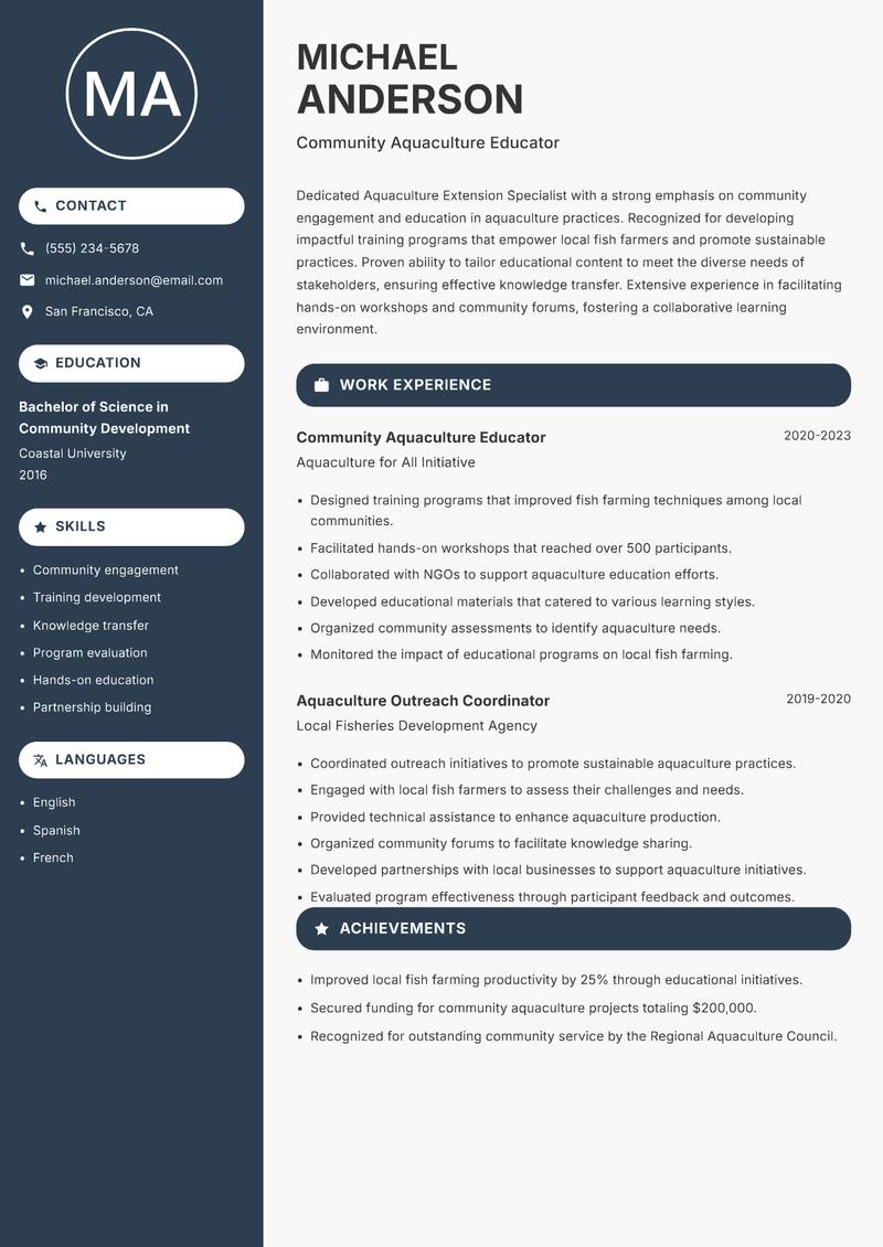 Aquaculture Extension Specialist resume sample — Community Aquaculture Educator focus