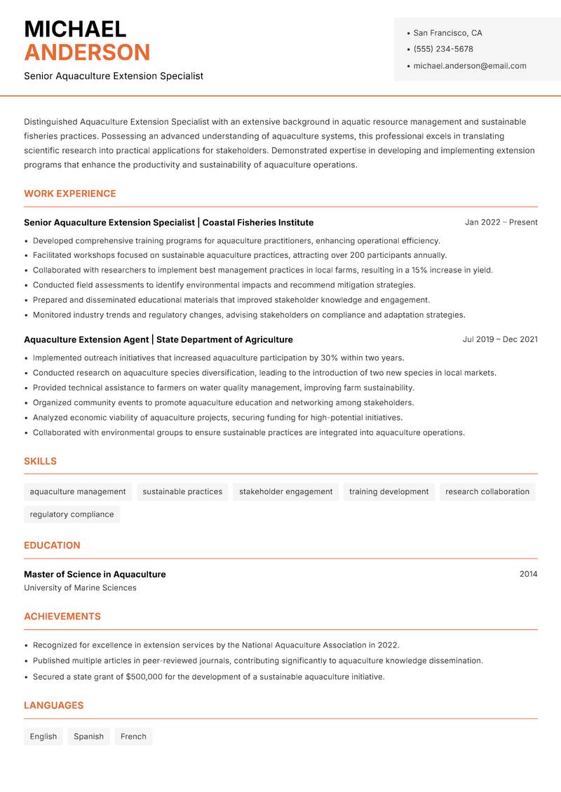 Aquaculture Extension Specialist resume sample — Senior Aquaculture Extension Specialist focus