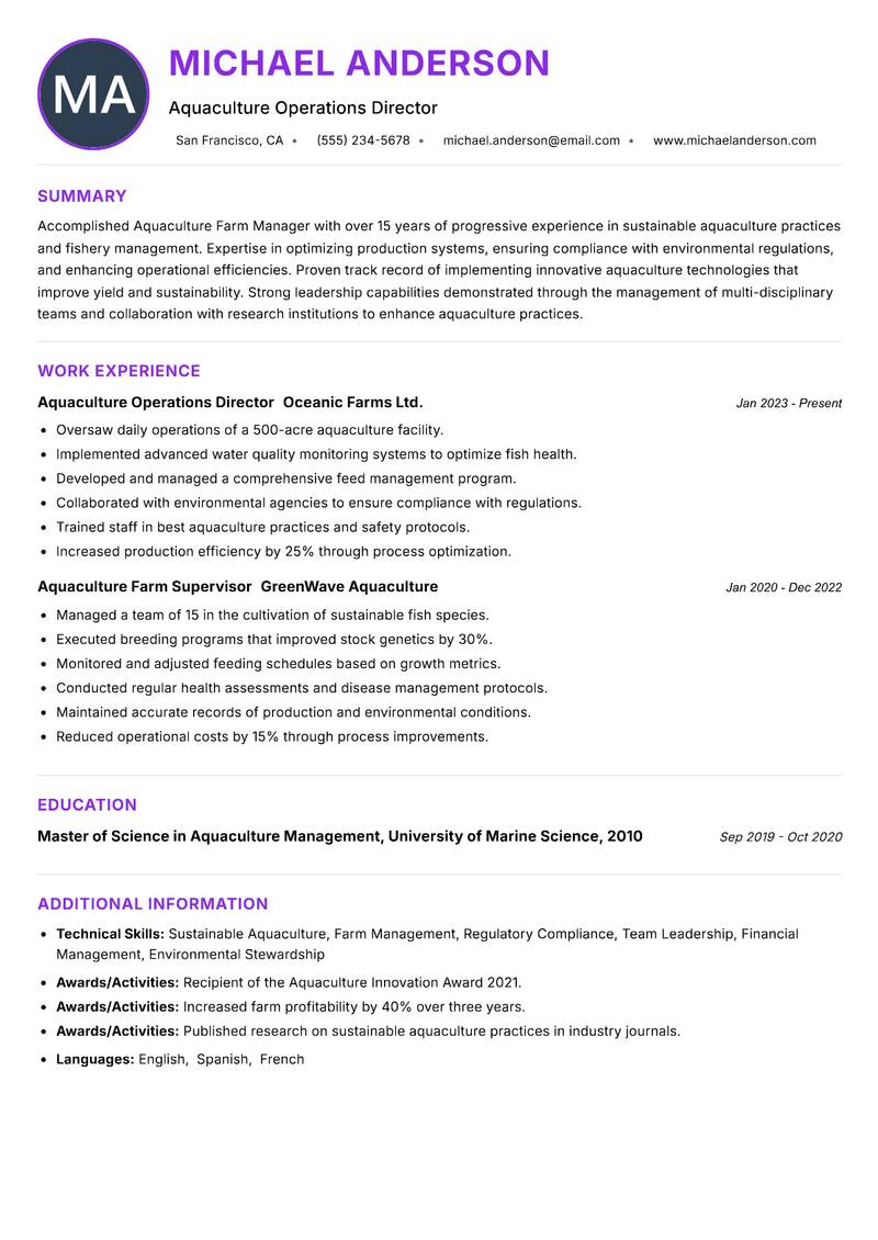 Aquaculture Farm Manager resume example
