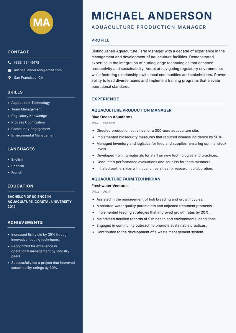 Aquaculture Farm Manager resume sample — Aquaculture Production Manager focus