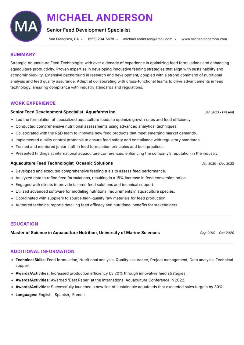 Aquaculture Feed Technologist resume example