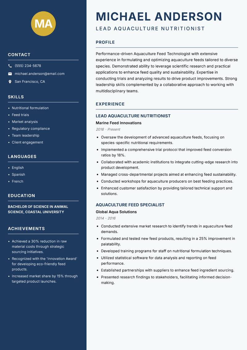 Aquaculture Feed Technologist resume sample — Lead Aquaculture Nutritionist focus