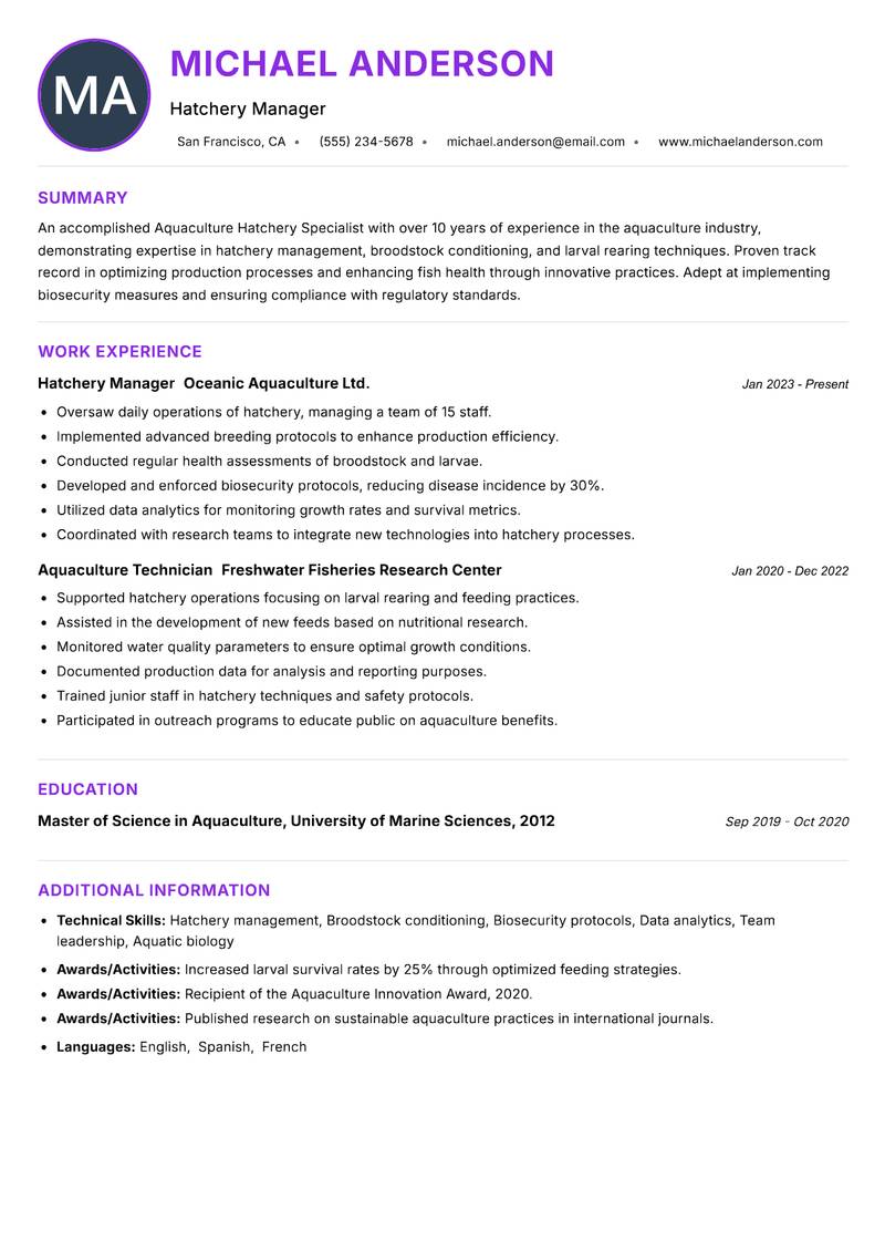 Aquaculture Hatchery Specialist resume example