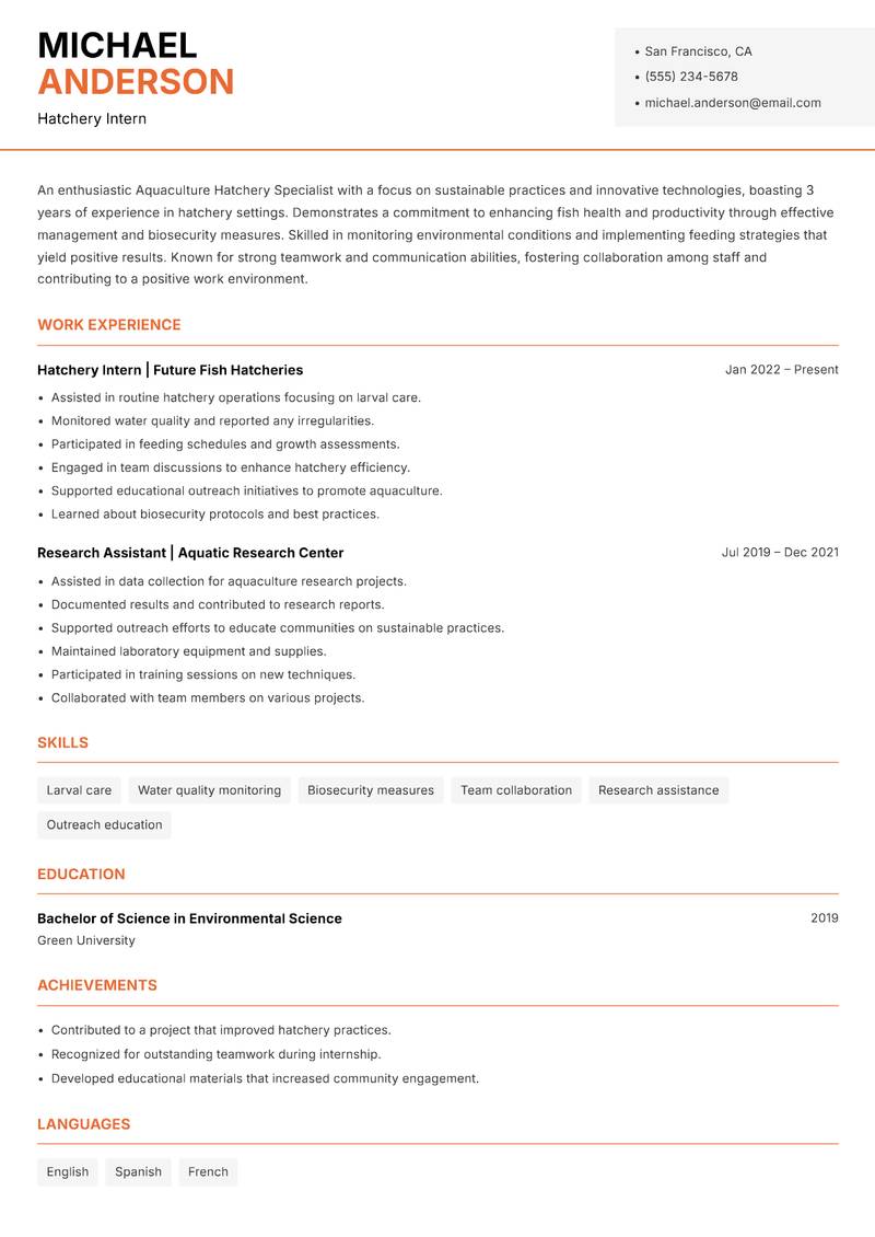 Aquaculture Hatchery Specialist resume sample — Hatchery Intern focus