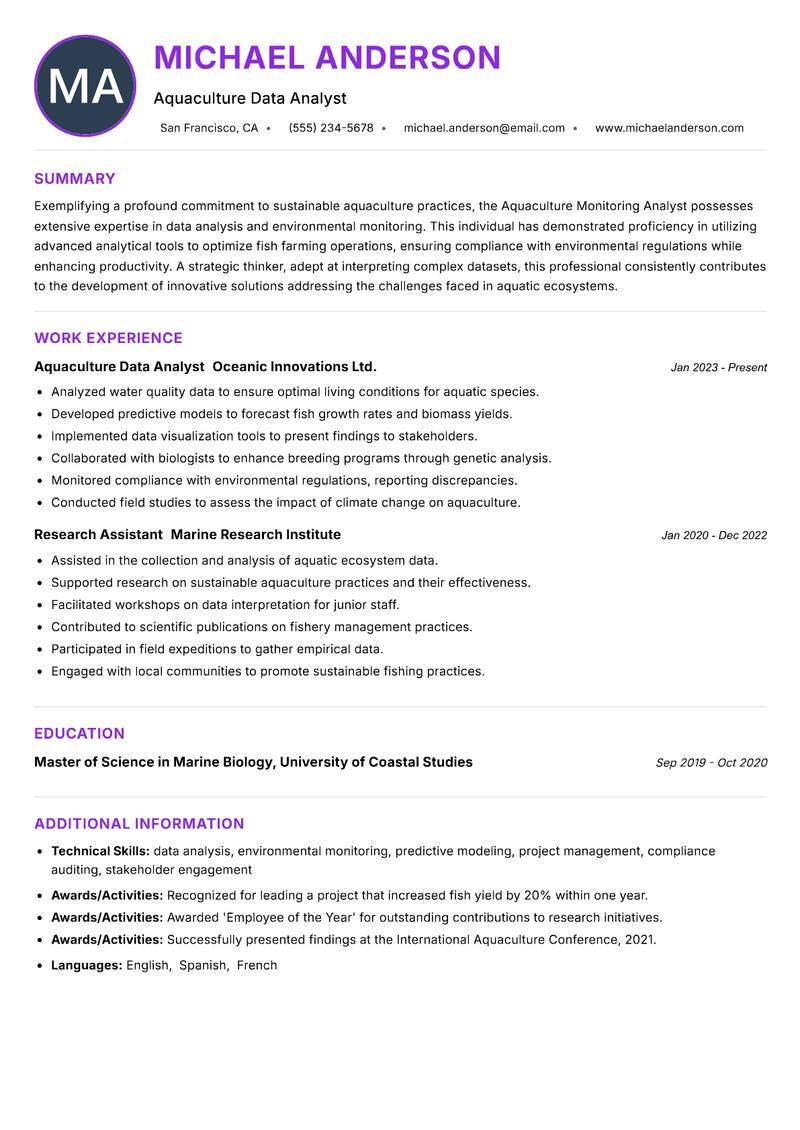 Aquaculture Monitoring Analyst resume example