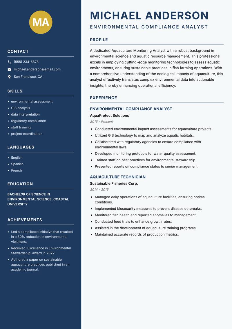 Aquaculture Monitoring Analyst resume sample — Environmental Compliance Analyst focus