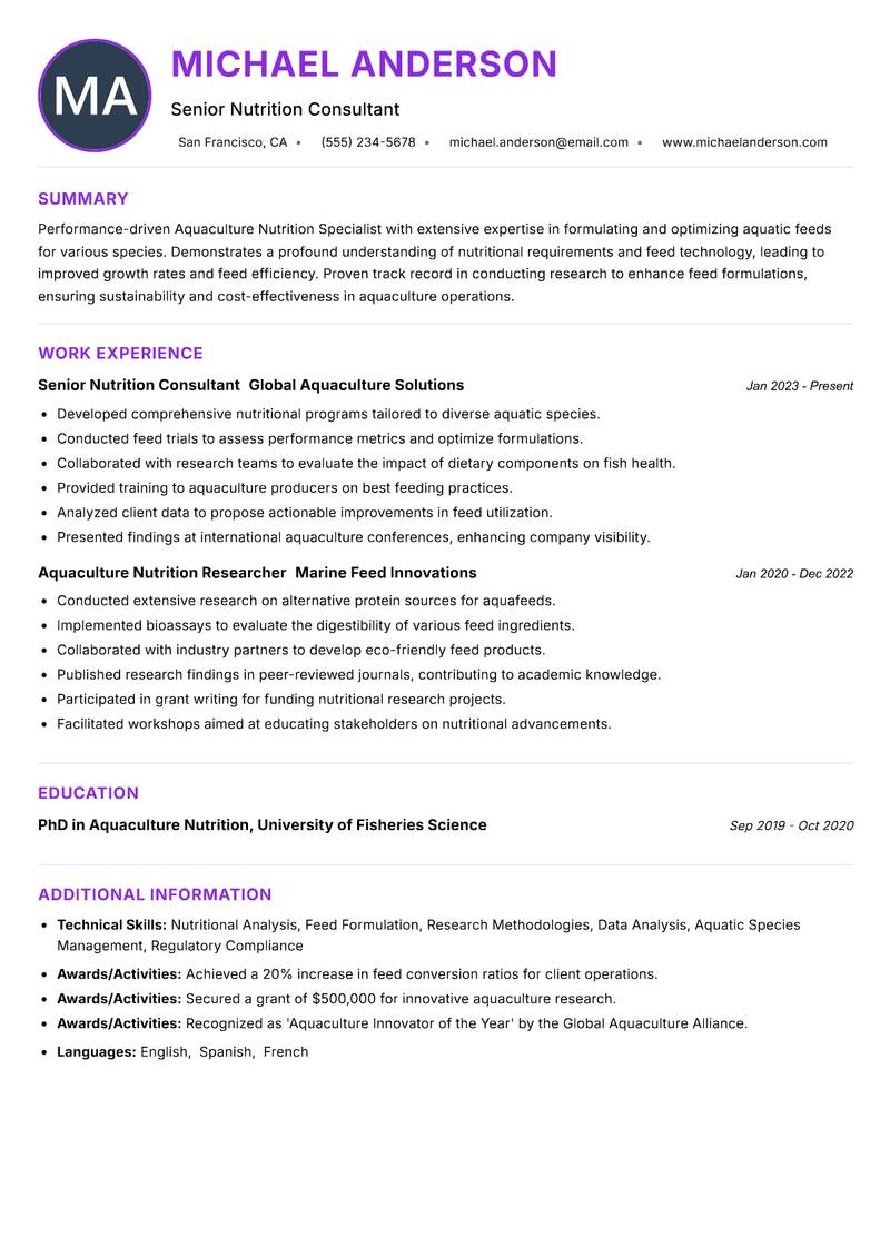 Aquaculture Nutrition Specialist resume example