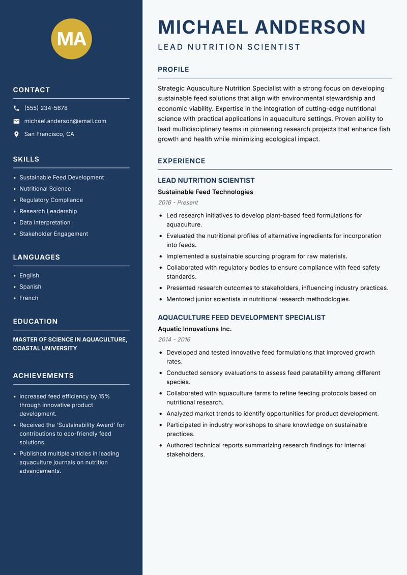 Aquaculture Nutrition Specialist resume sample — Lead Nutrition Scientist focus
