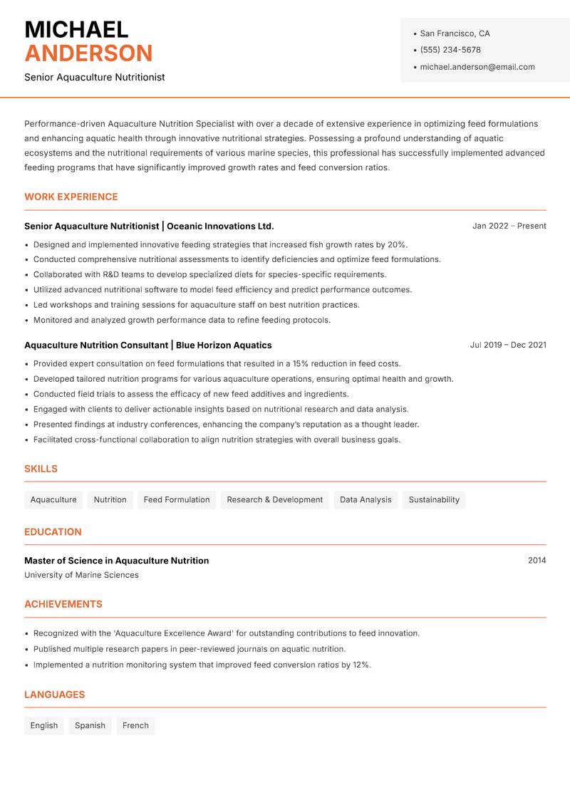 Aquaculture Nutrition Specialist resume sample — Senior Aquaculture Nutritionist focus