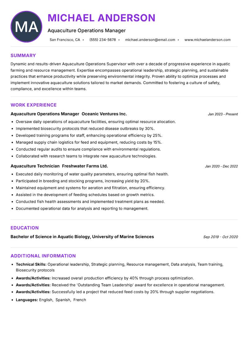 Aquaculture Operations Supervisor resume example