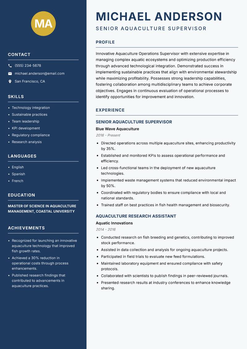 Aquaculture Operations Supervisor resume sample — Senior Aquaculture Supervisor focus