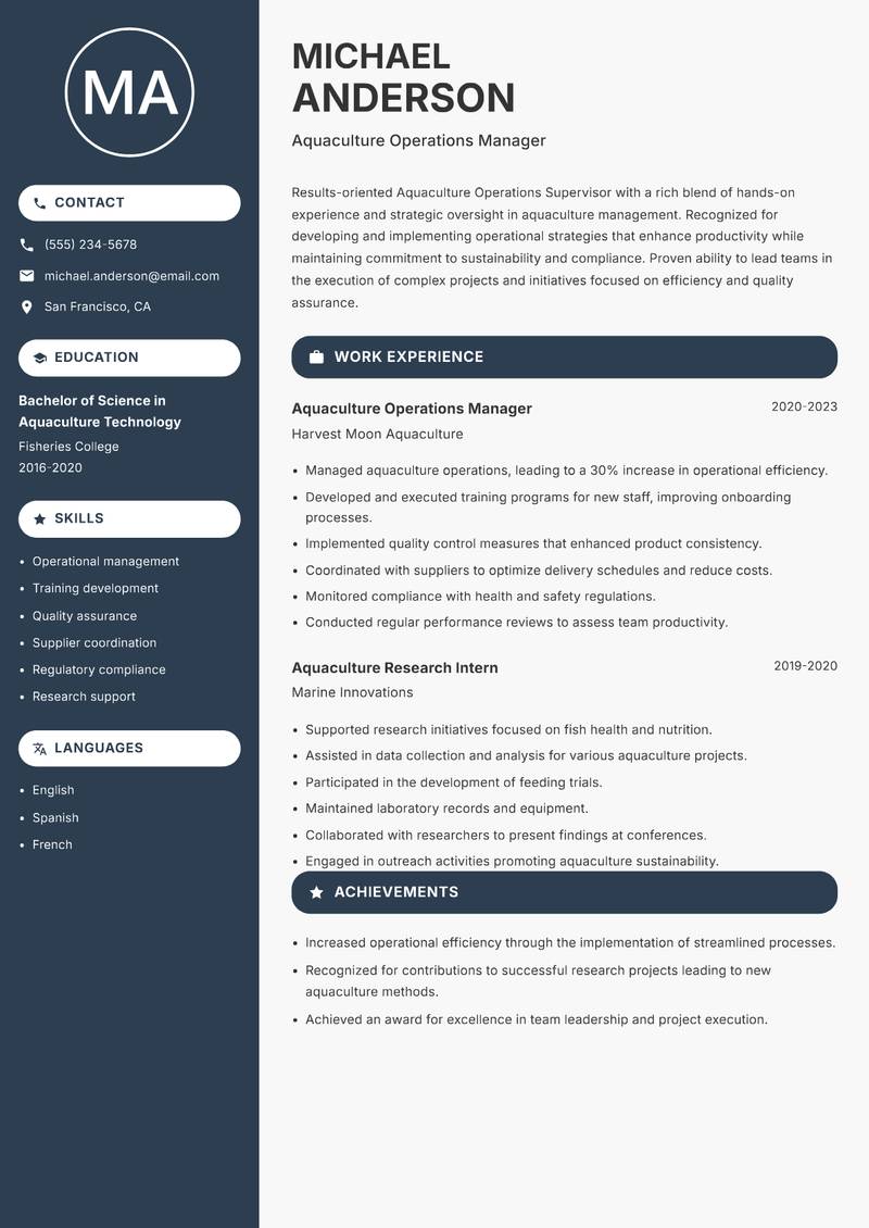 Aquaculture Operations Supervisor resume sample — Aquaculture Operations Manager focus