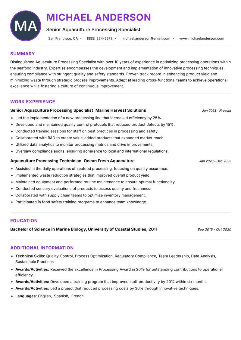 Aquaculture Processing Specialist resume example