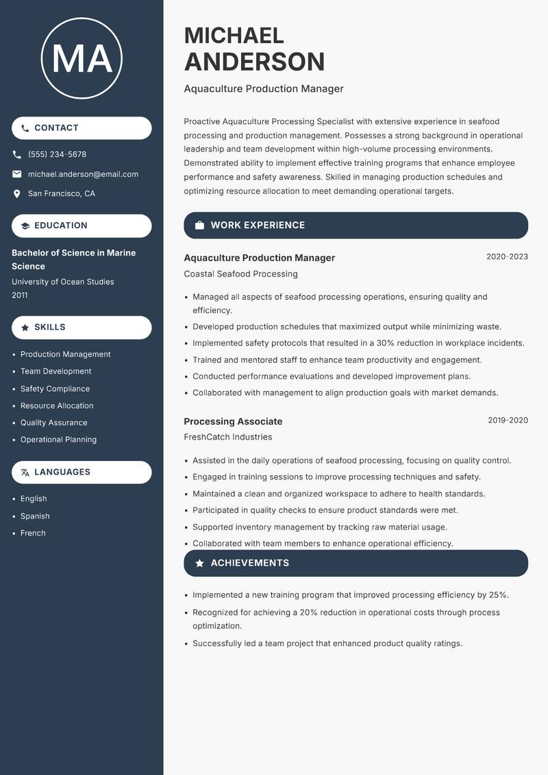 Aquaculture Processing Specialist resume sample — Aquaculture Production Manager focus