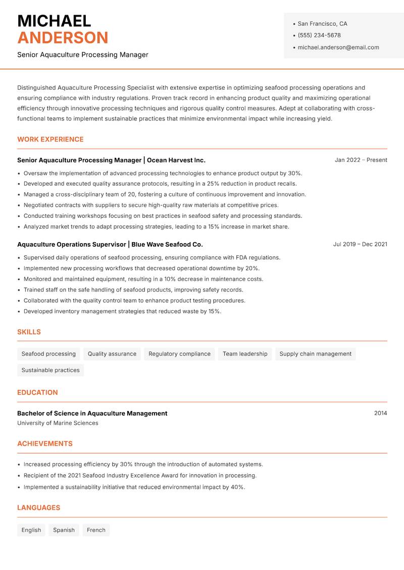 Aquaculture Processing Specialist resume sample — Senior Aquaculture Processing Manager focus