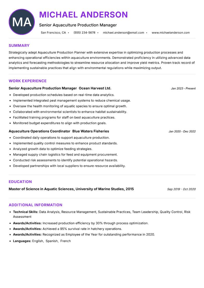 Aquaculture Production Planner resume example