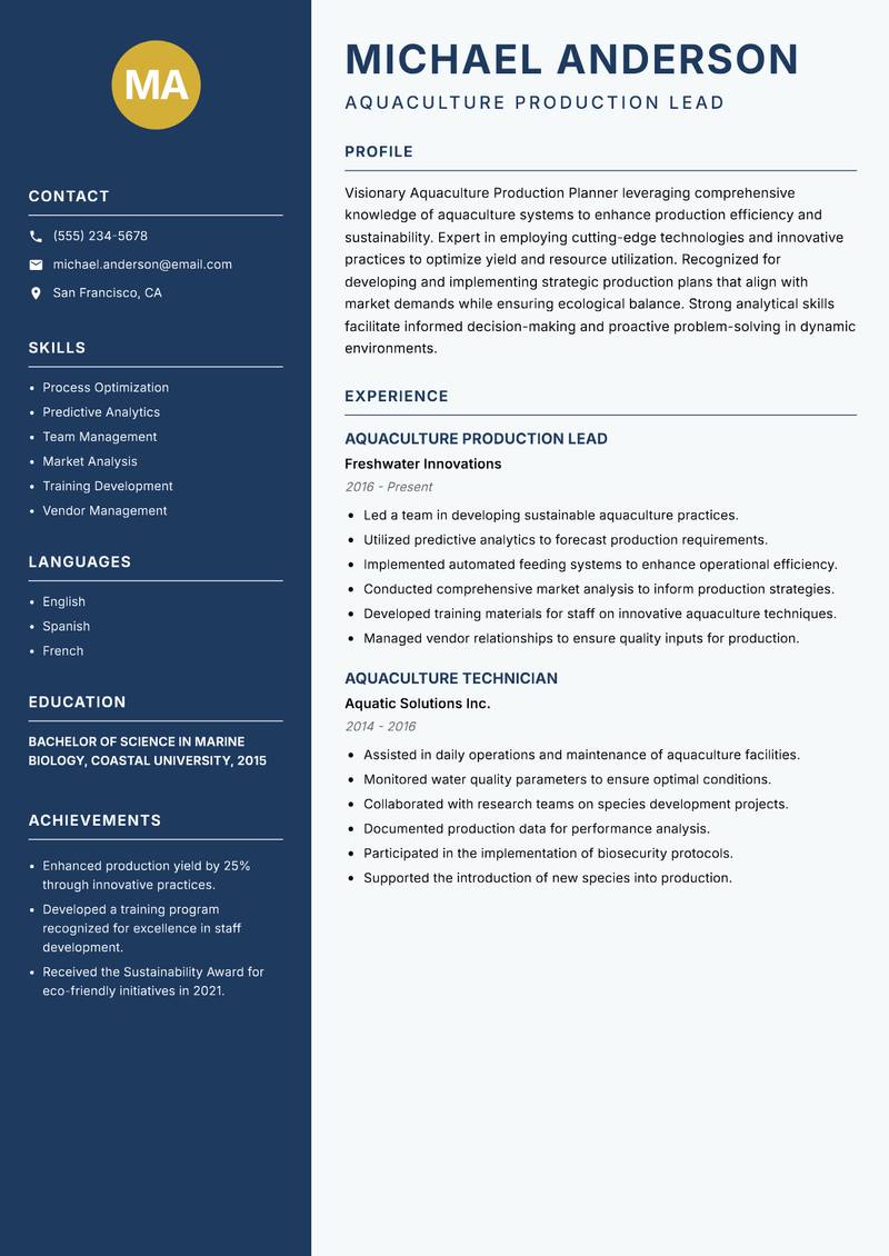 Aquaculture Production Planner resume sample — Aquaculture Production Lead focus