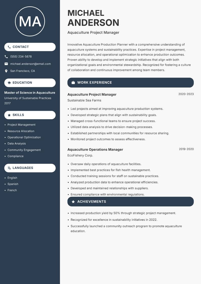 Aquaculture Production Planner resume sample — Aquaculture Project Manager focus