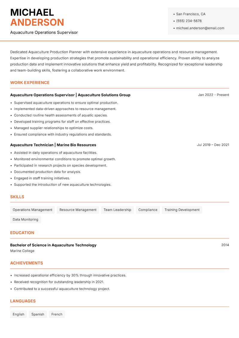 Aquaculture Production Planner resume sample — Aquaculture Operations Supervisor focus