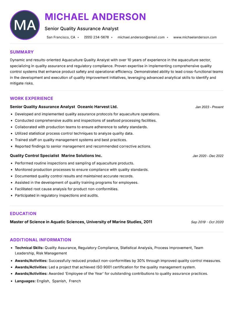 Aquaculture Quality Analyst resume example