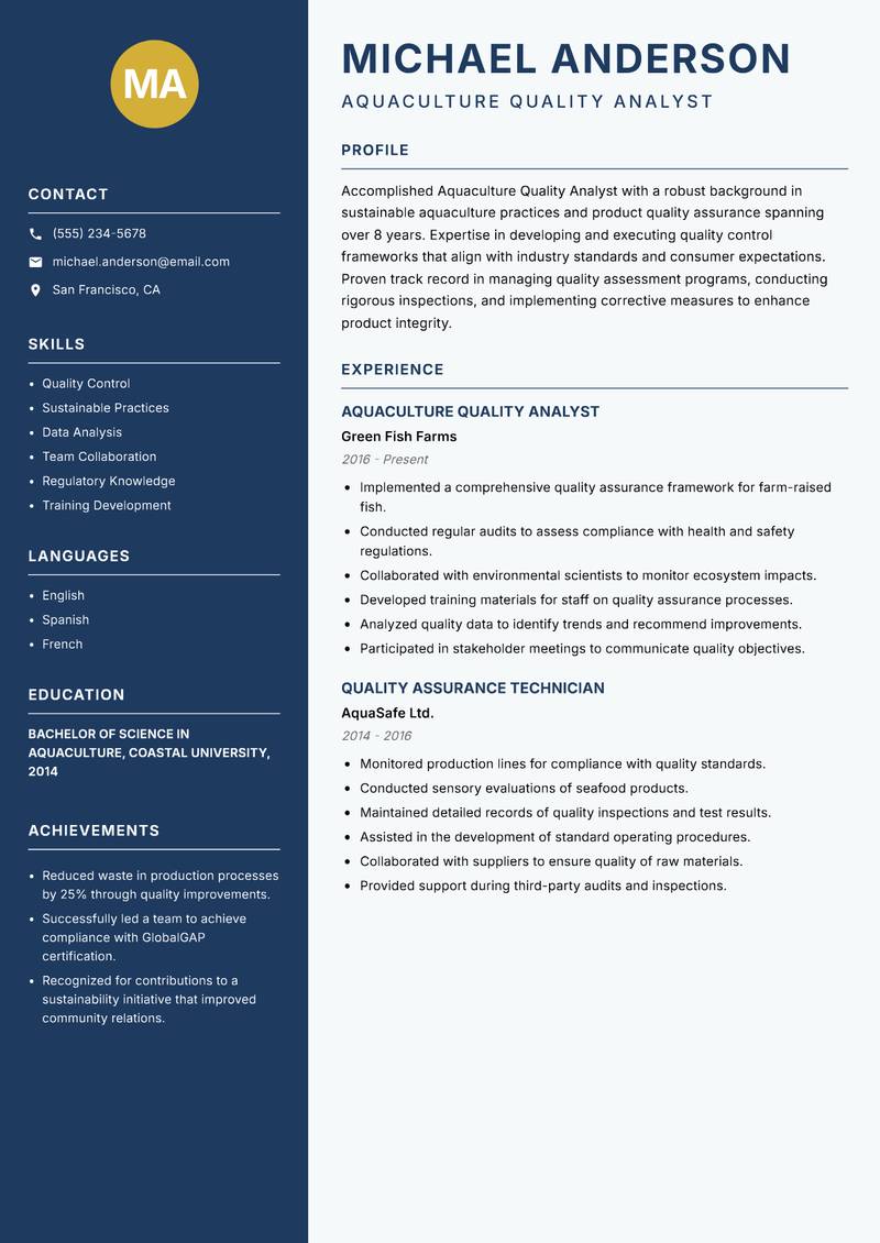 Aquaculture Quality Analyst resume sample — Aquaculture Quality Analyst focus