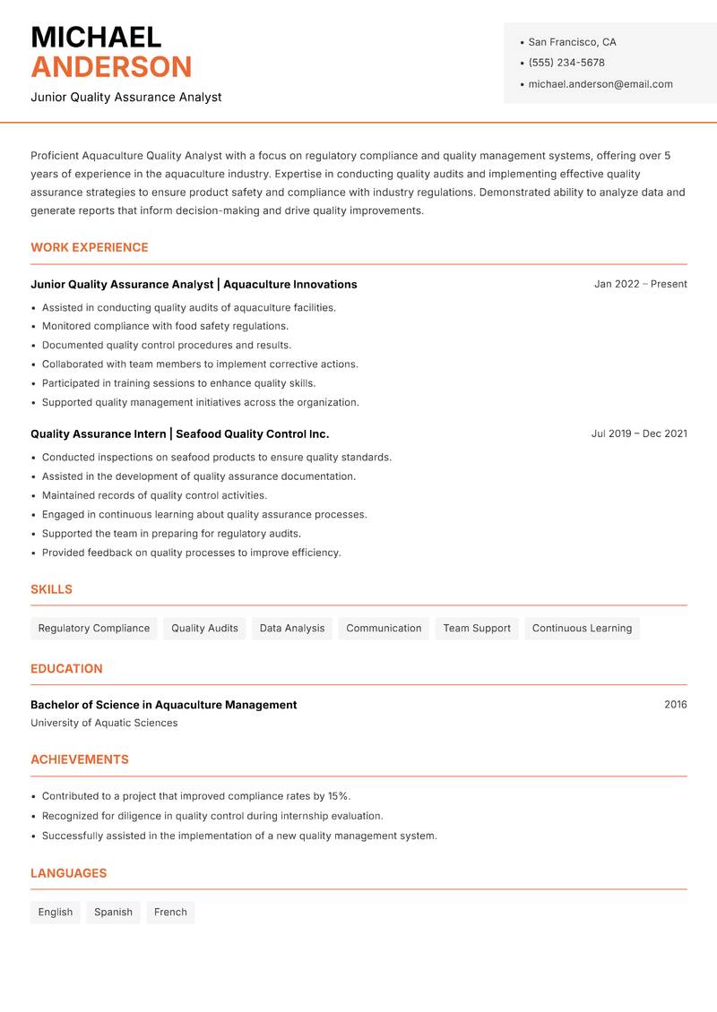 Aquaculture Quality Analyst resume sample — Junior Quality Assurance Analyst focus