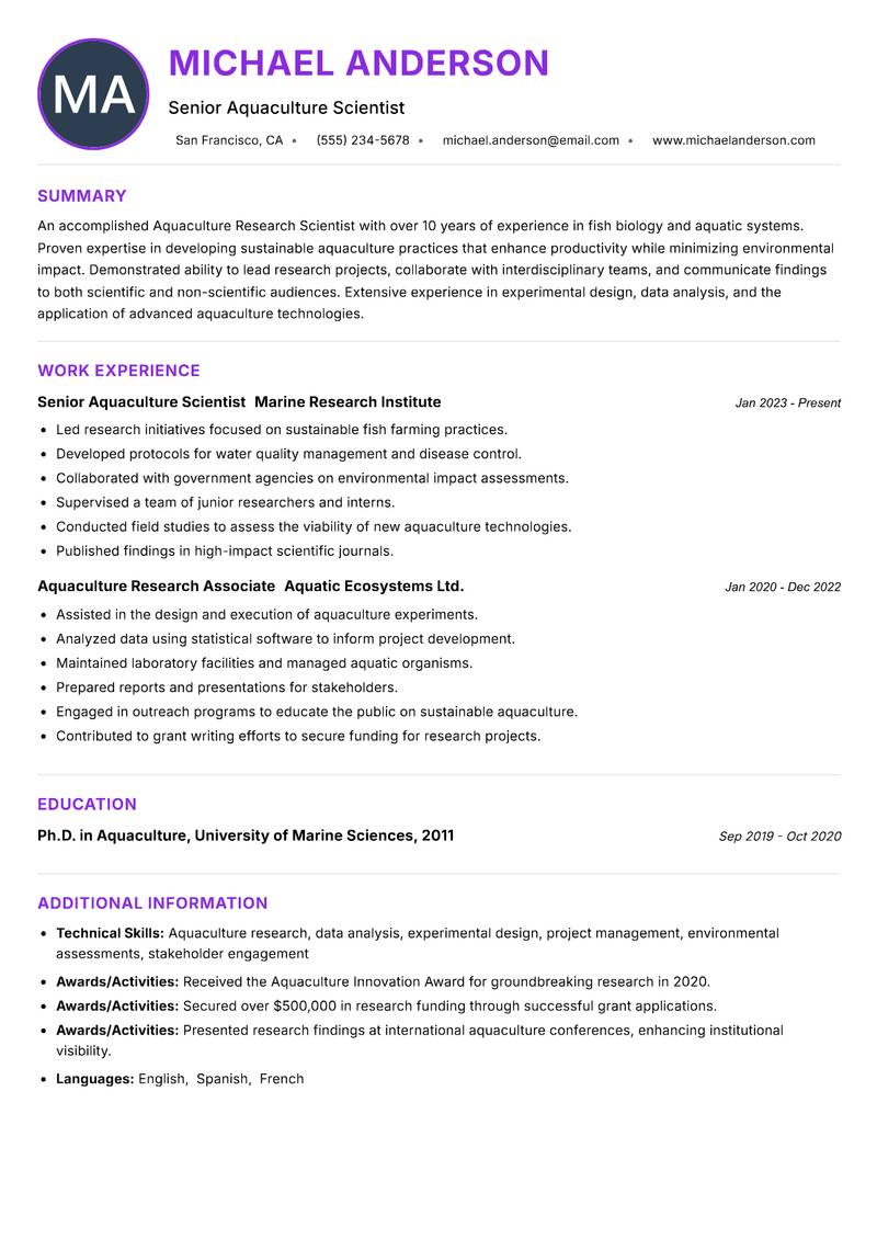 Aquaculture Research Scientist resume example