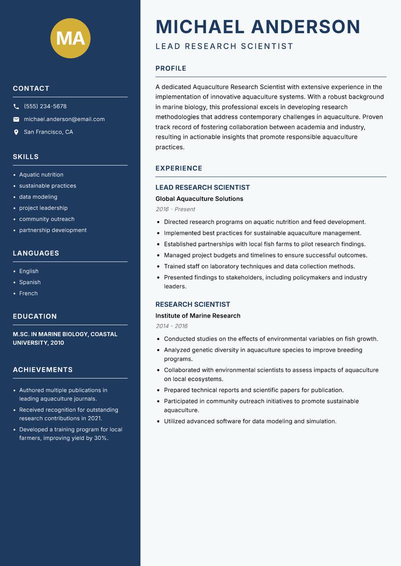 Aquaculture Research Scientist resume sample — Lead Research Scientist focus