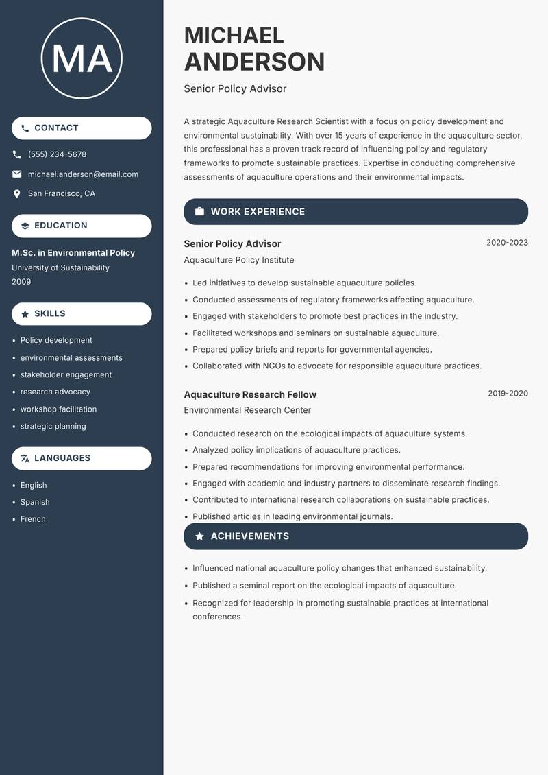Aquaculture Research Scientist resume sample — Senior Policy Advisor focus