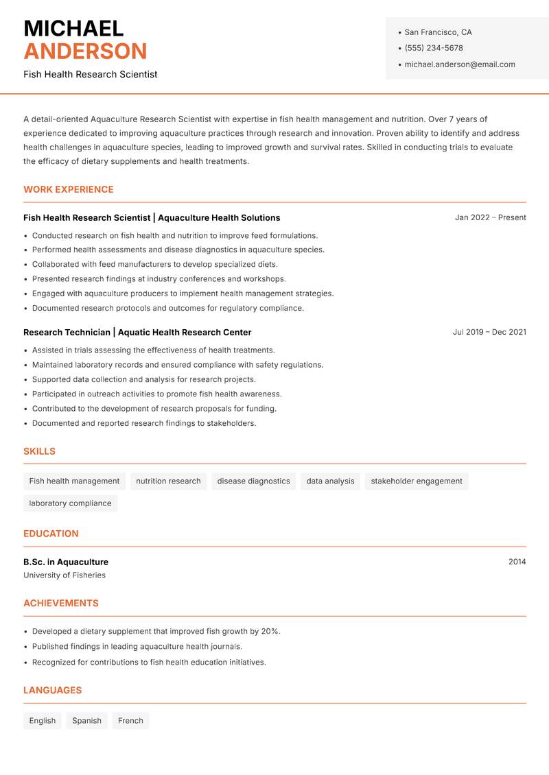 Aquaculture Research Scientist resume sample — Fish Health Research Scientist focus
