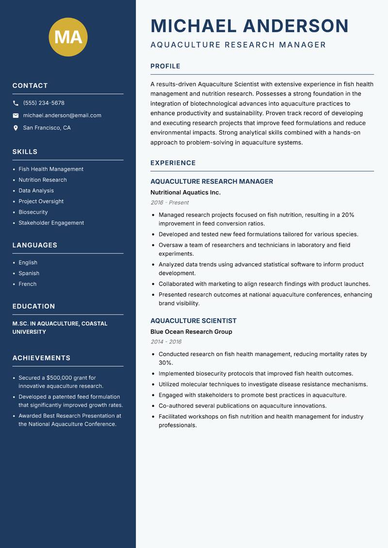 Aquaculture Scientist resume sample — Aquaculture Research Manager focus