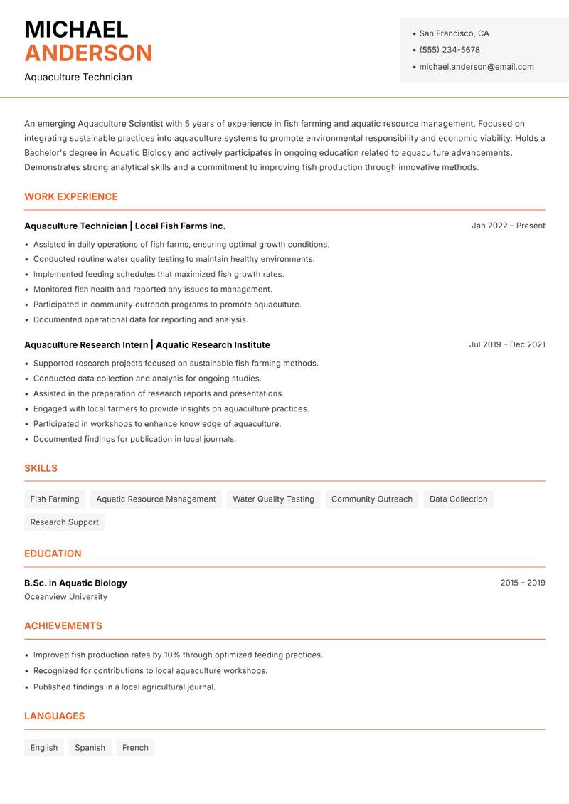 Aquaculture Scientist resume sample — Aquaculture Technician focus