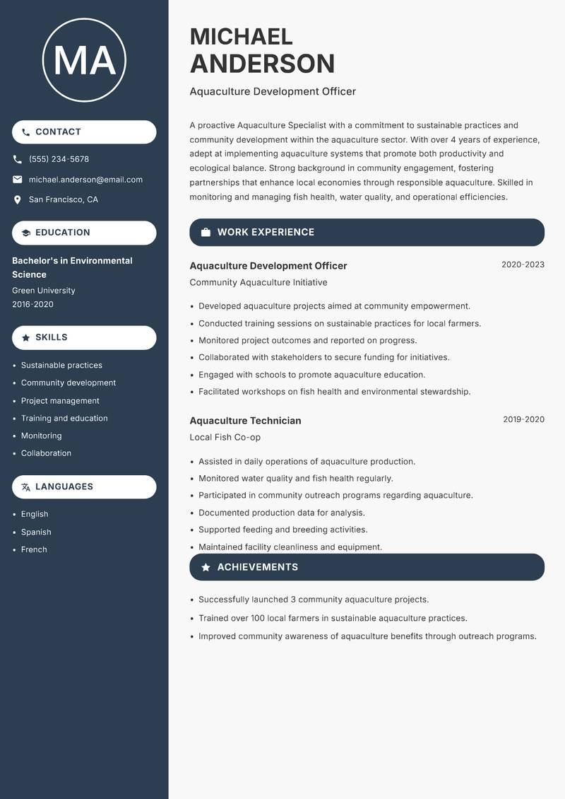 Aquaculture Specialist resume sample — Aquaculture Development Officer focus