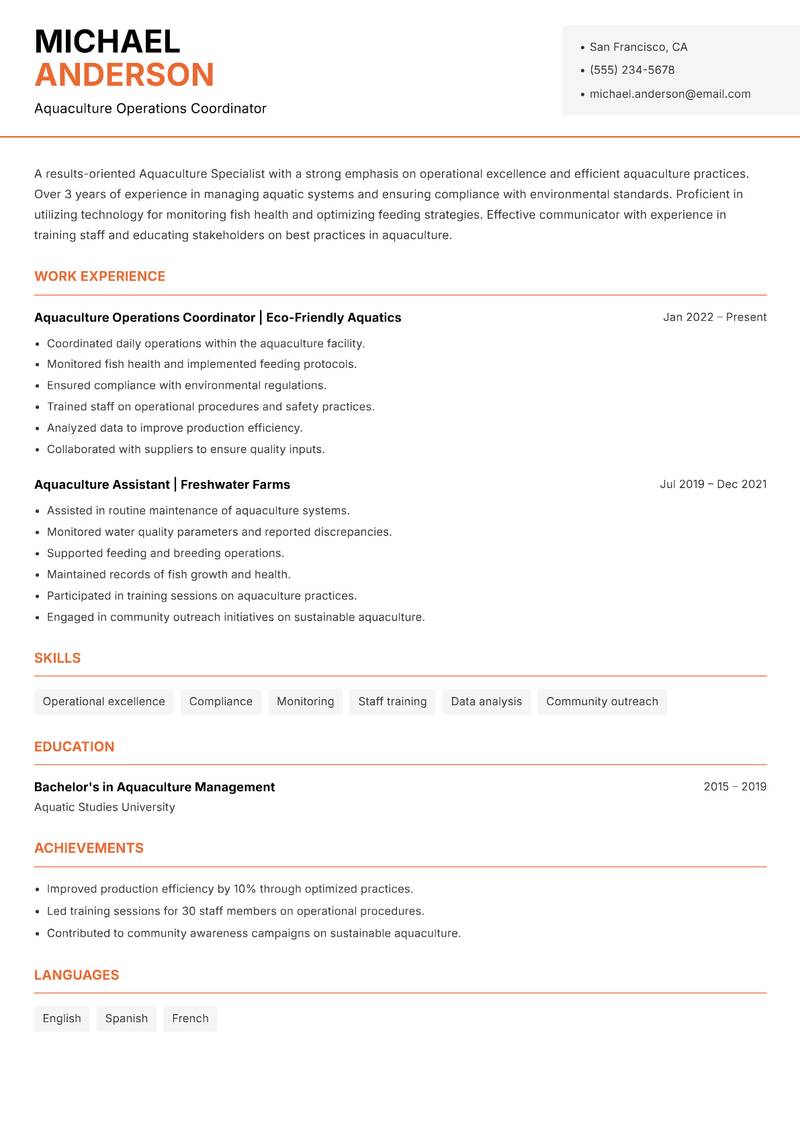 Aquaculture Specialist resume sample — Aquaculture Operations Coordinator focus