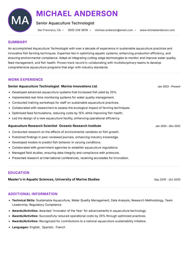 Aquaculture Technologist resume example