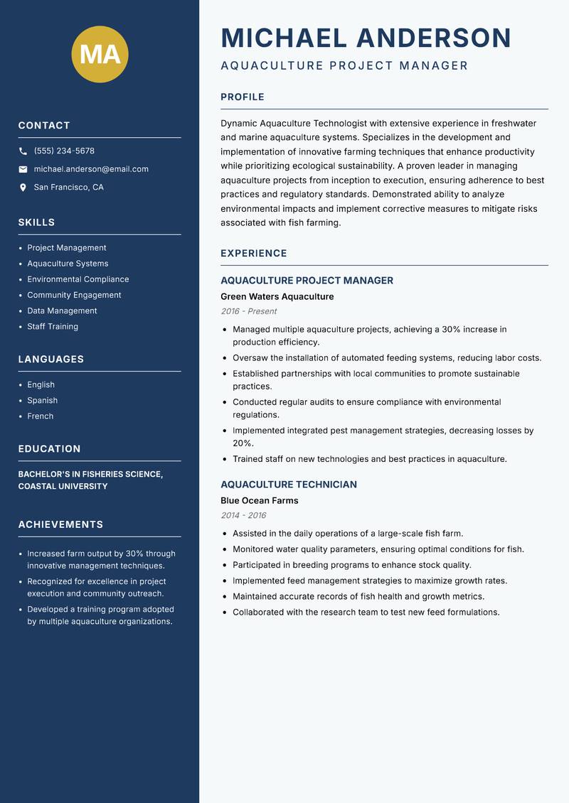 Aquaculture Technologist resume sample — Aquaculture Project Manager focus