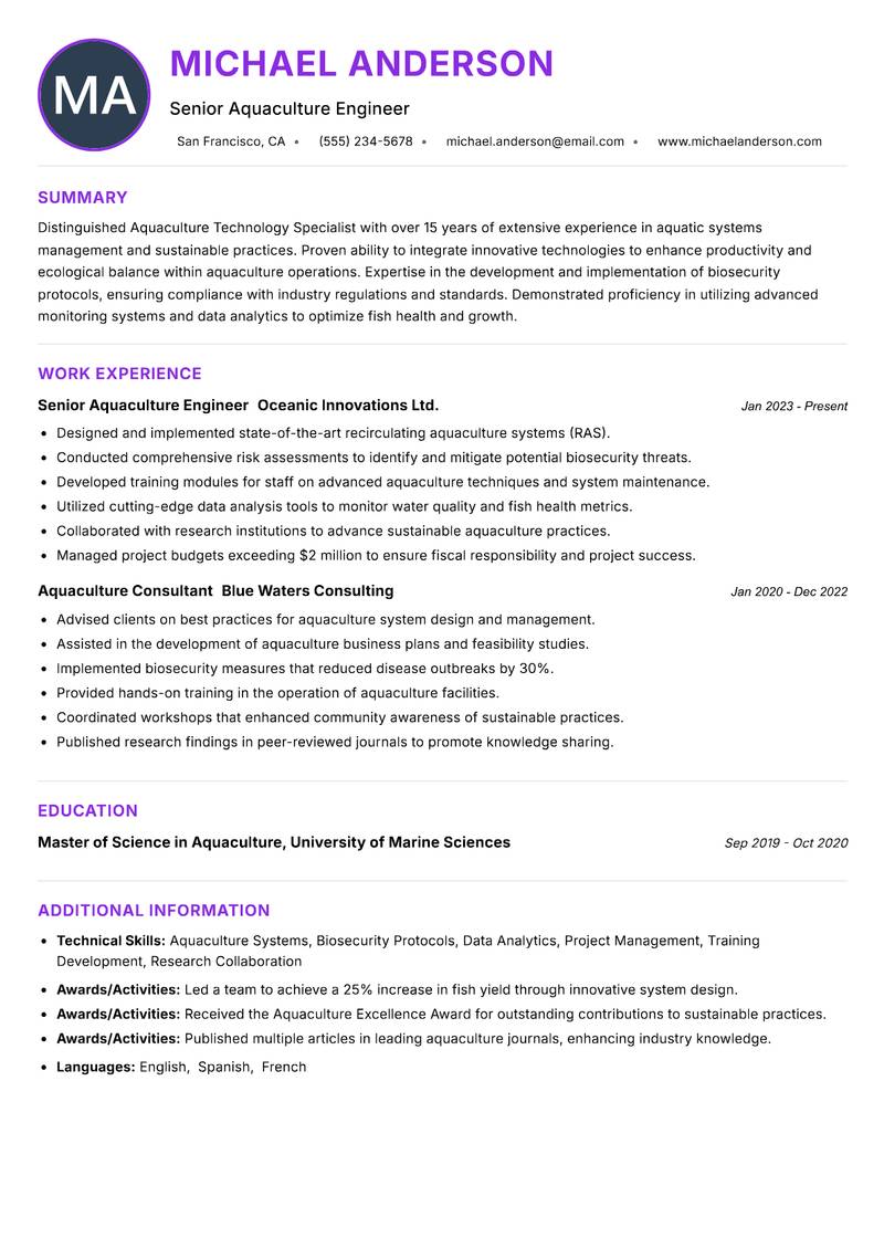 Aquaculture Technology Specialist resume example