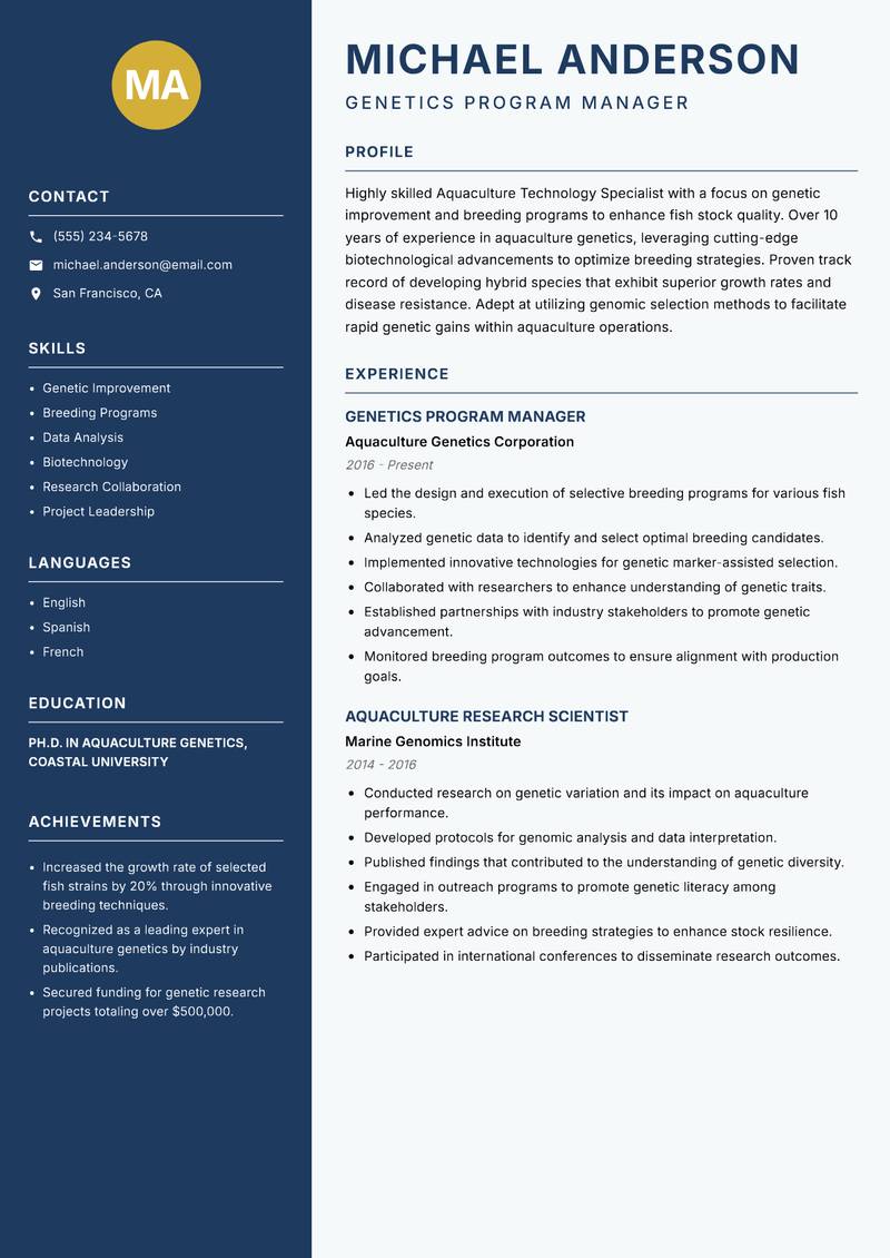 Aquaculture Technology Specialist resume sample — Genetics Program Manager focus
