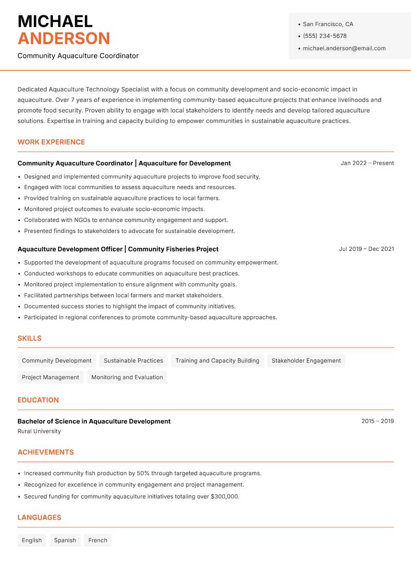 Aquaculture Technology Specialist resume sample — Community Aquaculture Coordinator focus
