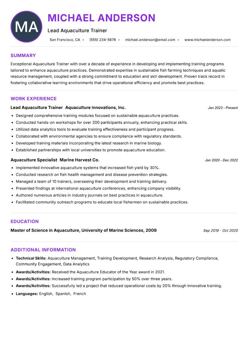 Aquaculture Trainer resume example