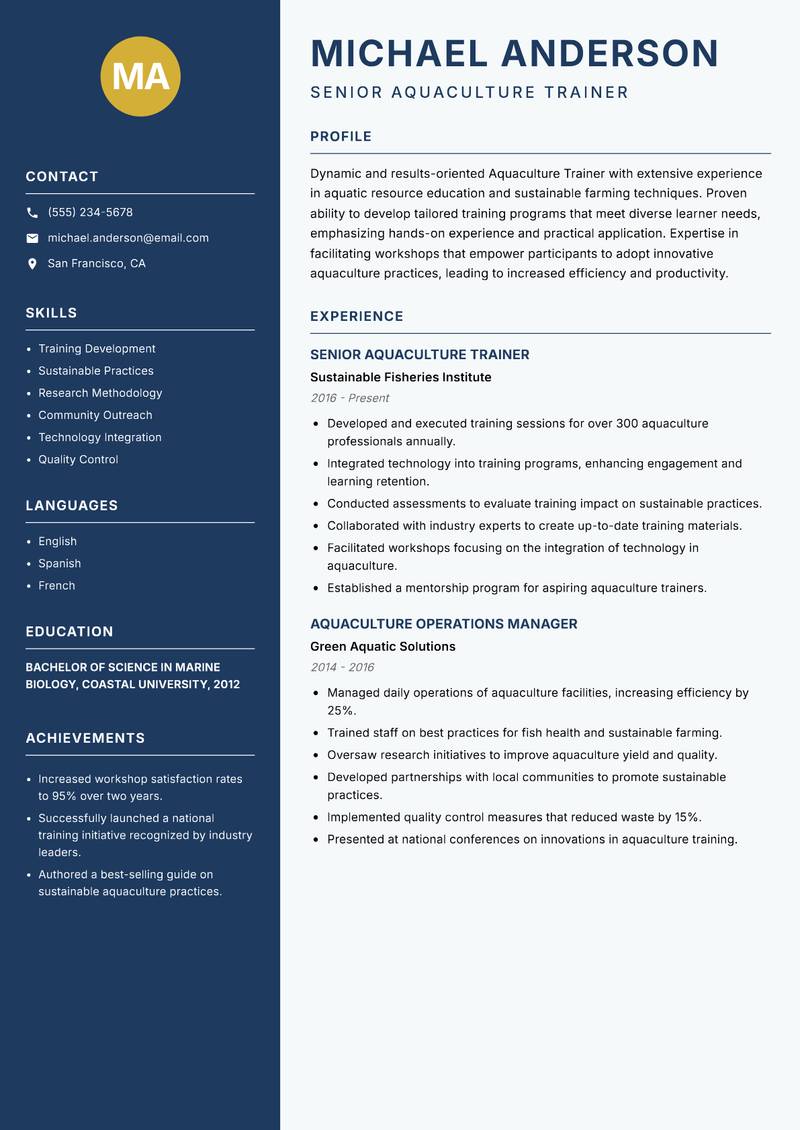 Aquaculture Trainer resume sample — Senior Aquaculture Trainer focus